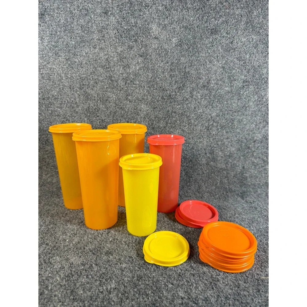 Vintage Tupperware Stackable Tumblers Set with Lids Yellow Orange Red 5pc